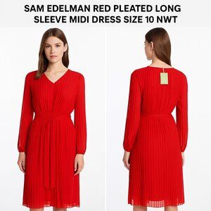 Sam Edelman Red Pleated Long Sleeve Midi Dress Size 10 NWT